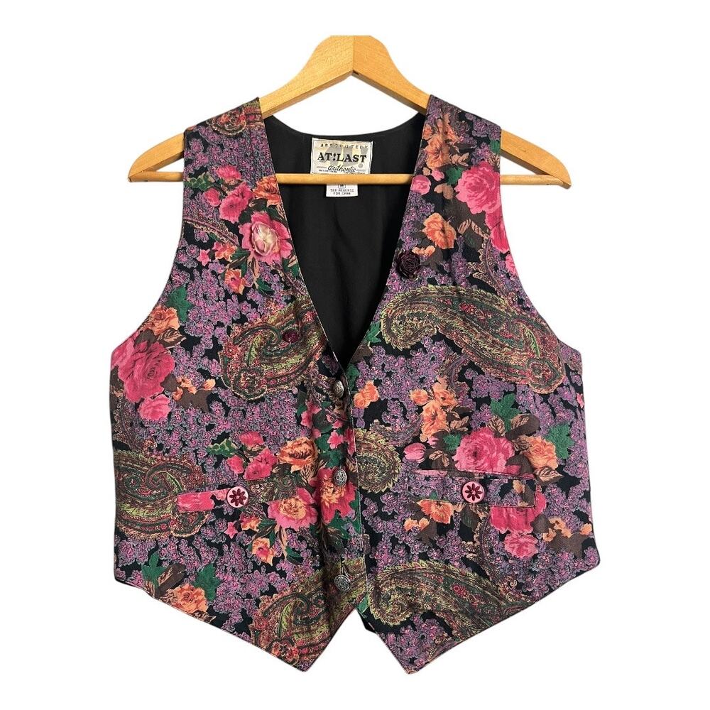 Vintage 90s Granny Vest Floral Retro Cottage Cotton M Medium Boho Blossom